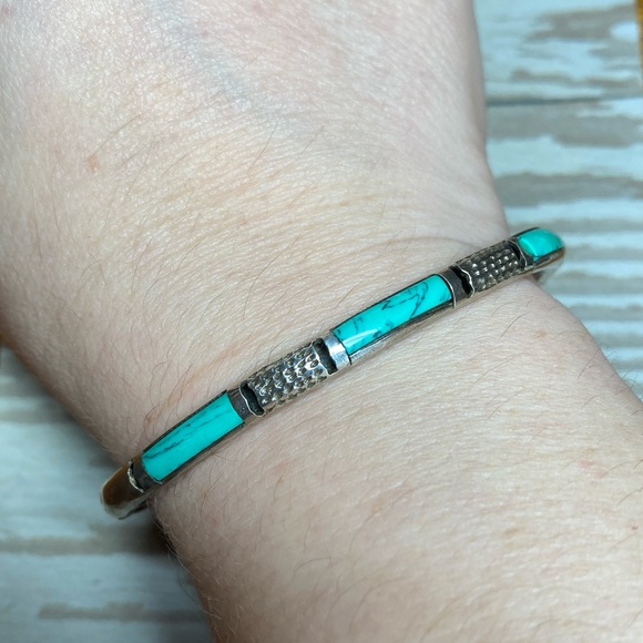 Vintage sterling silver blue turquoise oval hinge bracelet - Picture 4 of 4